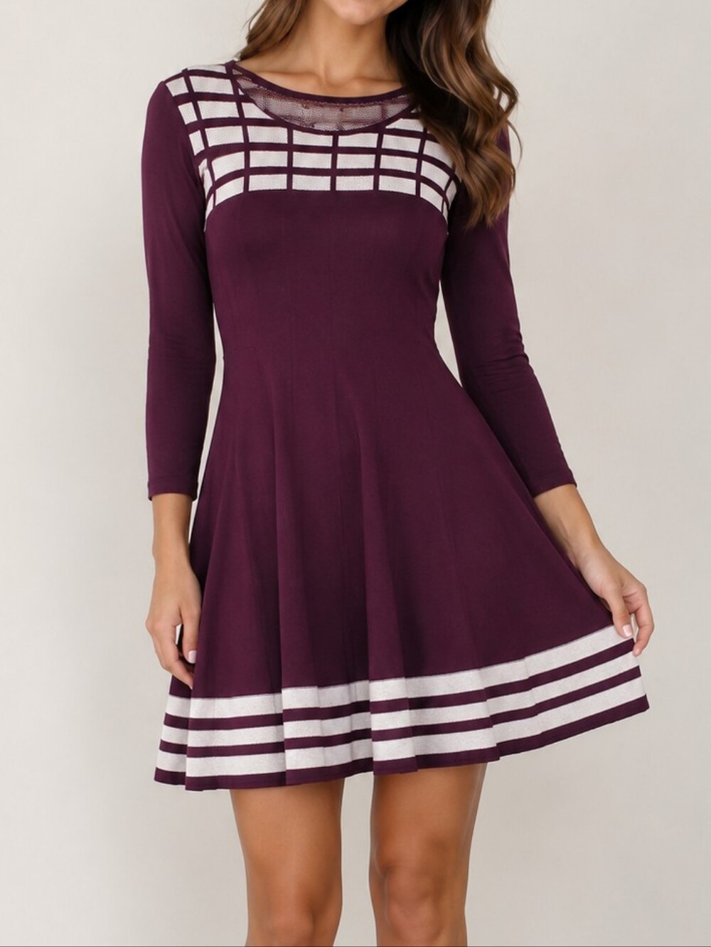 Jessica H Plum Long-Sleeve Fit & Flare Dress with White Grid